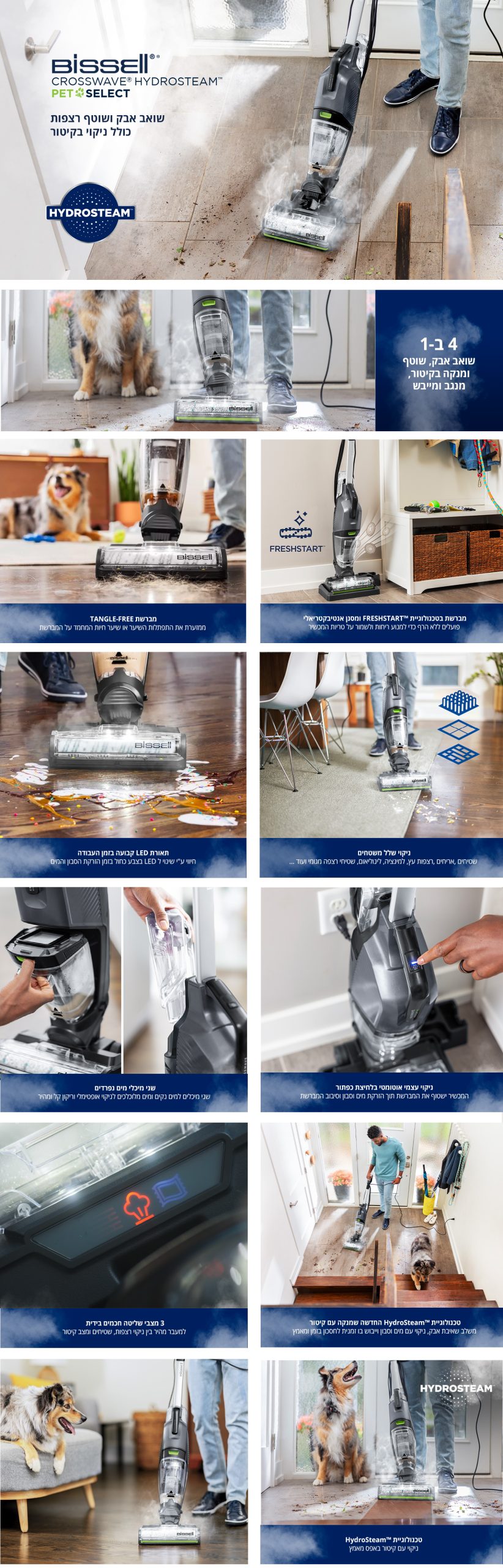 שואב אבק ושוטף חוטי עם קיטור BISSELL 4227 CrossWave Hydrosteam Pet Select 3527N  Mark Shop
